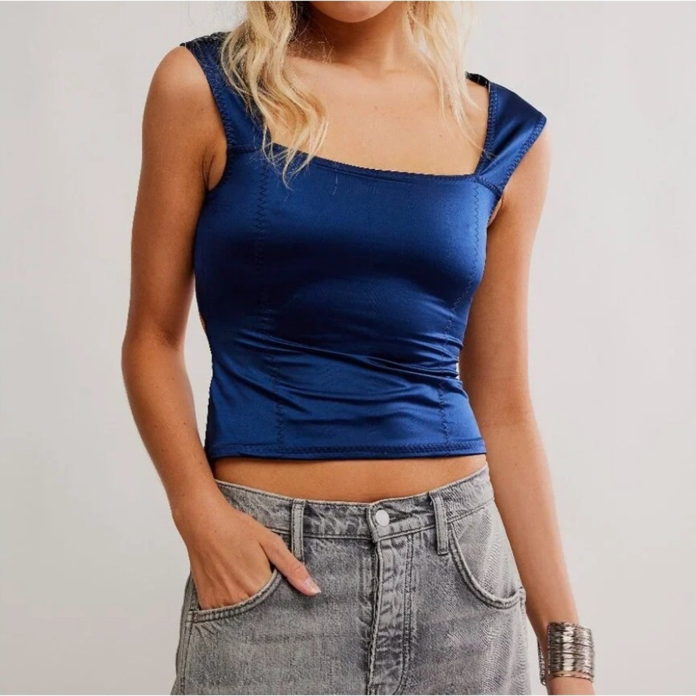 free people shine on tee in satin cosmic navy blue, women size x-small